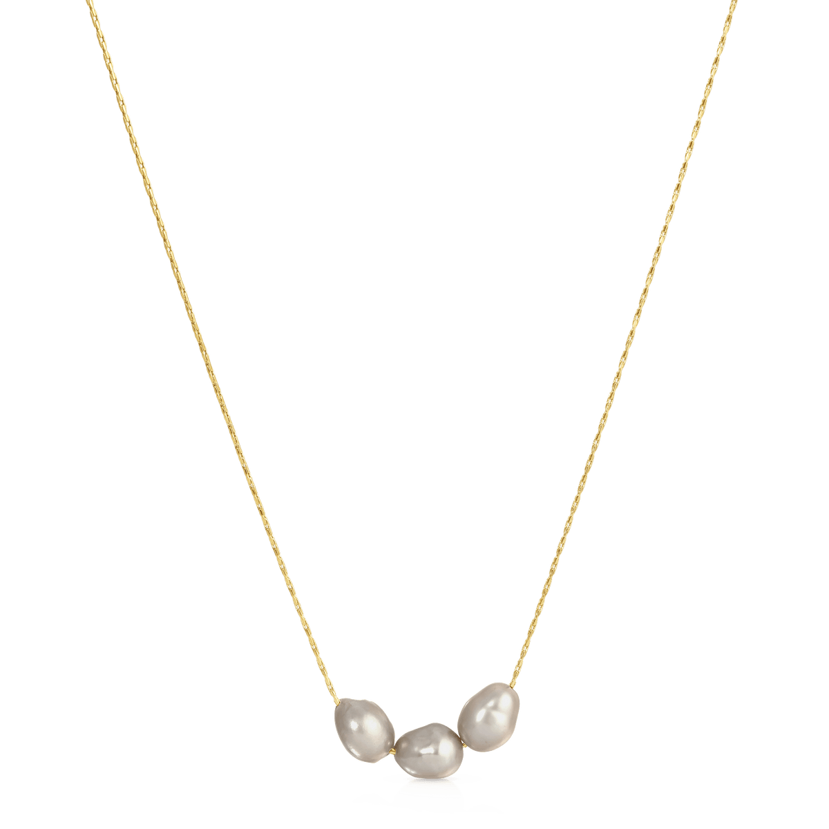Gold chain necklace with three gray pearl pendants centered on chain.