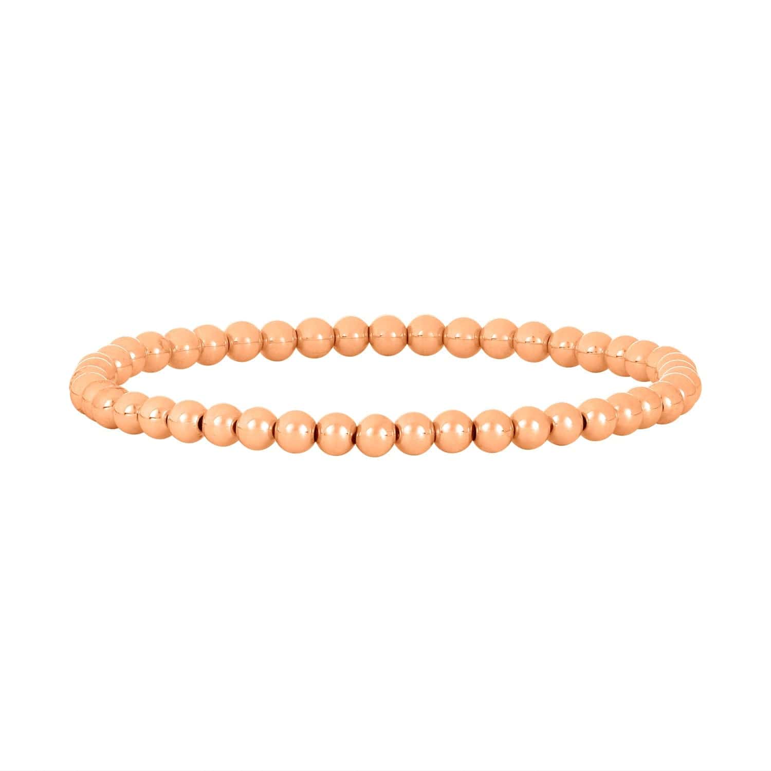 Rose gold beaded bracelet with small round beads arranged in a continuous stretchy strand.
