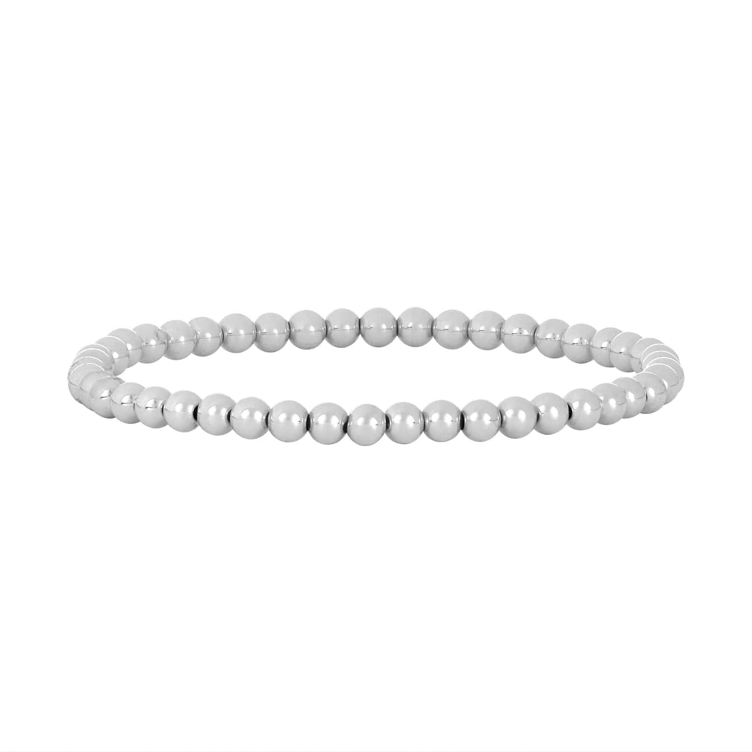 Silver beaded bracelet composed of polished round spheres arranged in a continuous strand.