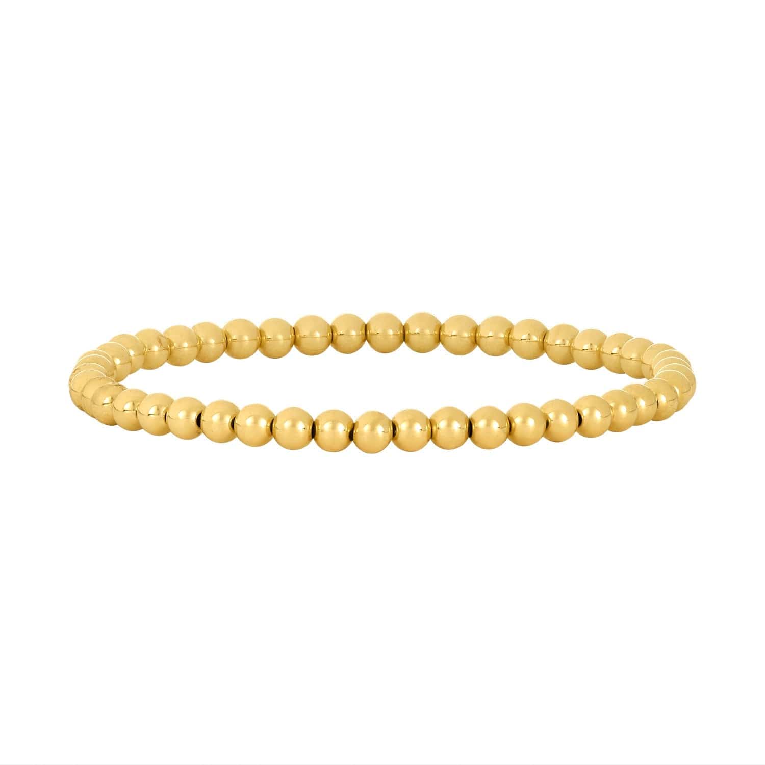 Gold beaded bracelet with uniform 4mm spherical beads arranged in a continuous strand.