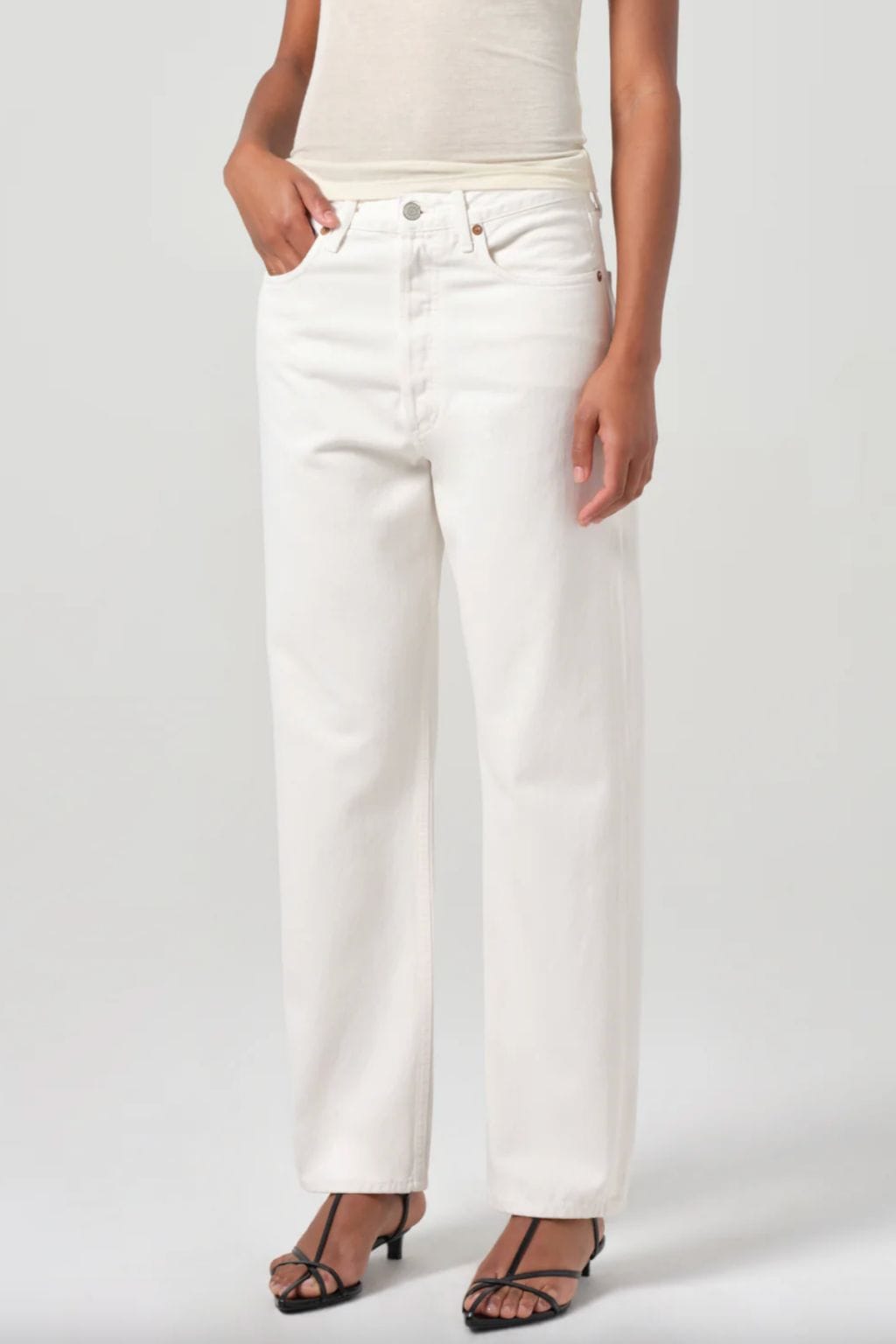 White high-rise straight-leg jeans with silver-toned button and hardware detail.