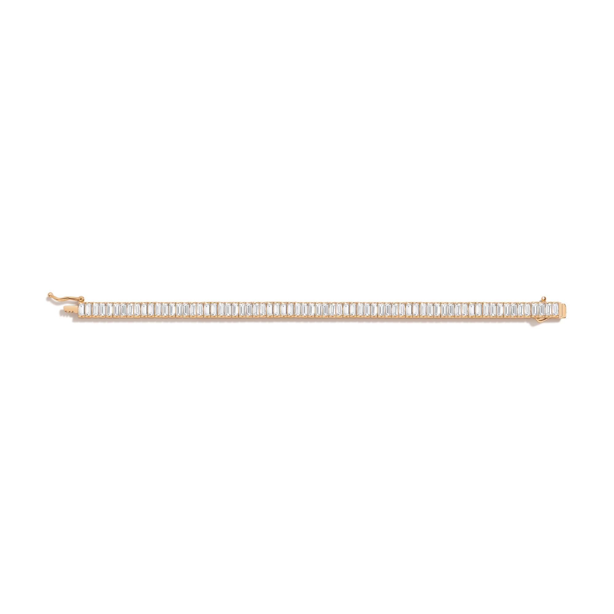 Gold-tone tennis bracelet with rectangular white sapphire stones set in a continuous line pattern.