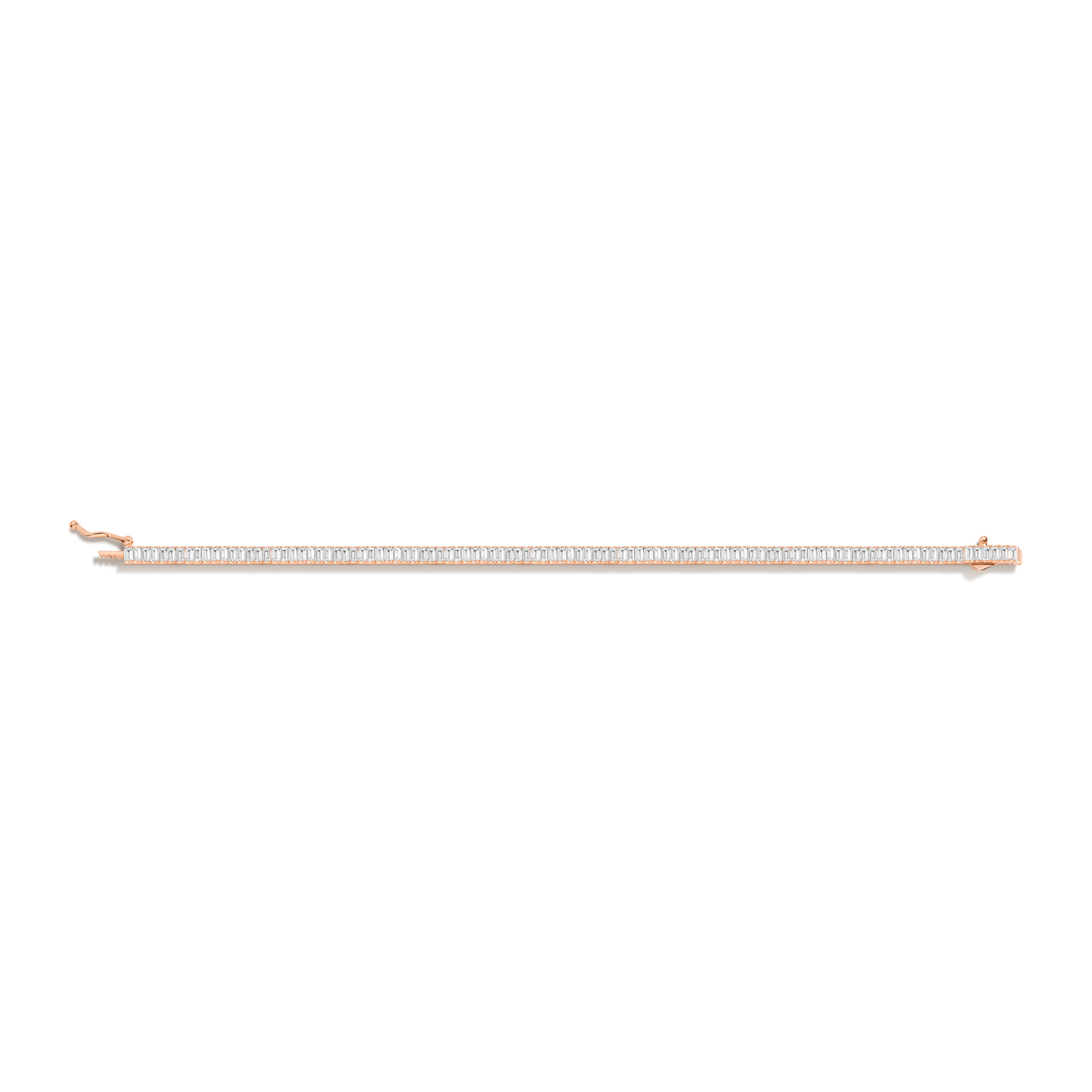 Rose gold bracelet with rows of rectangular white gemstones set in a tennis-style design with a clasp closure.