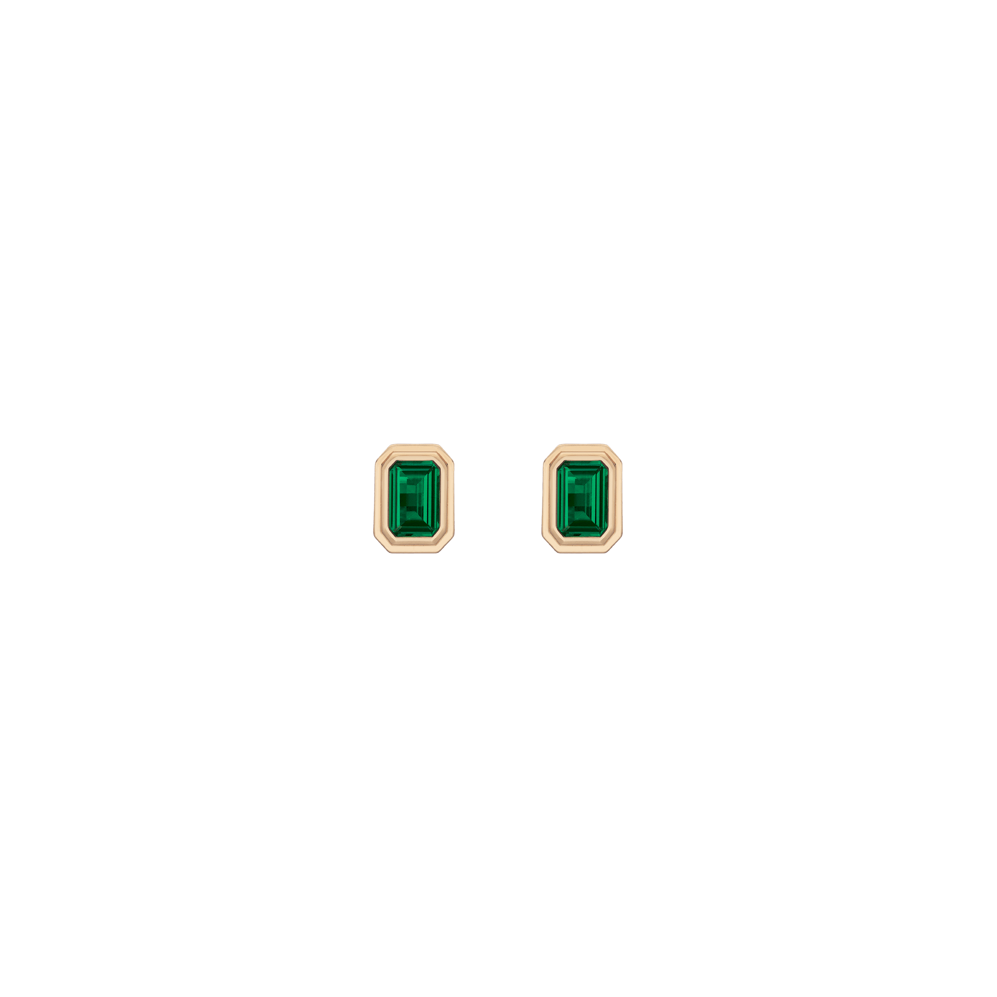 Pair of small rectangular stud earrings with green emerald stones set in rose gold bezels.