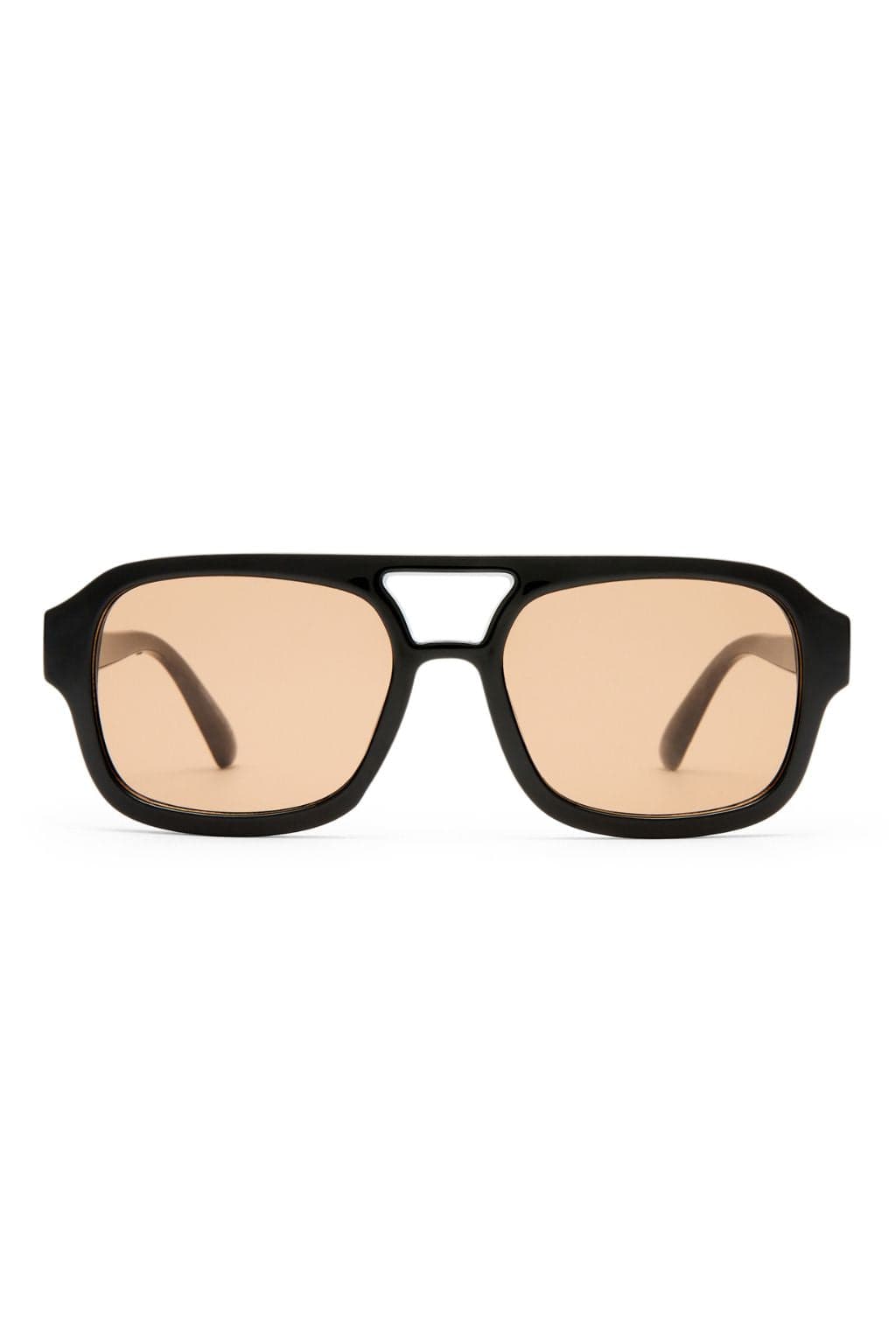 Black rectangular sunglasses with peach-tinted lenses and dark arms.