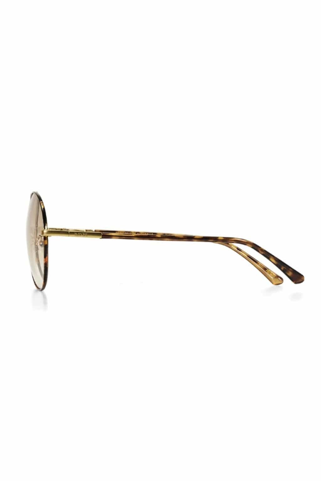 Oversized round sunglasses with beige lens, tortoiseshell and gold metal frames, and tortoiseshell arms.