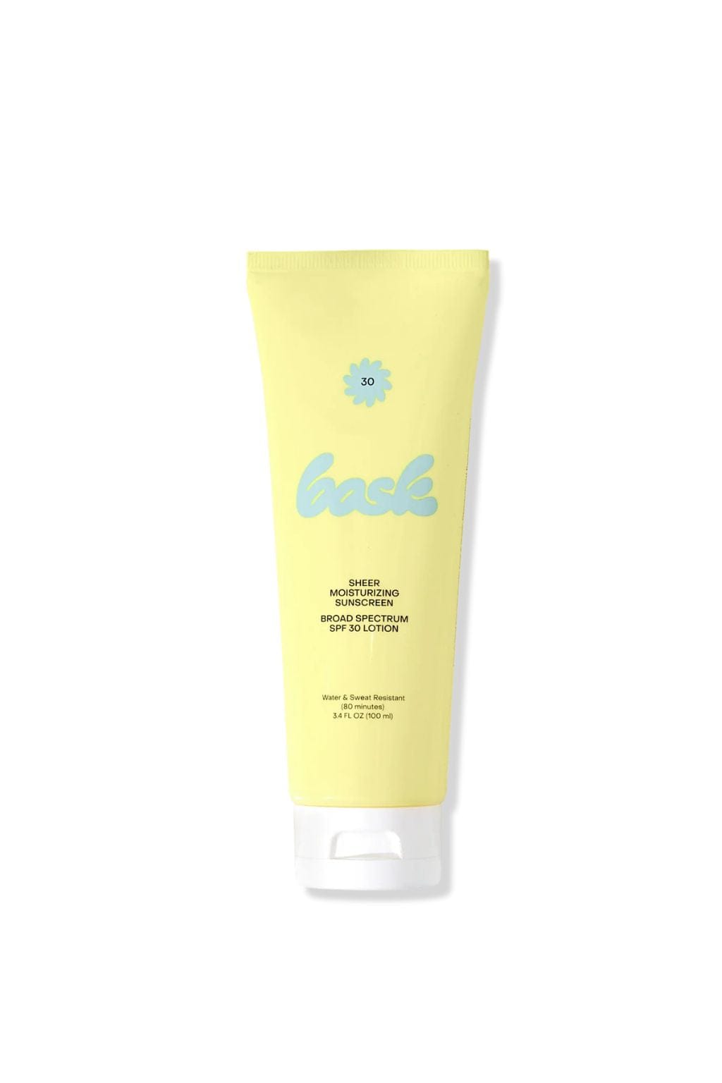 Yellow tube of Bask SPF 30 sunscreen lotion with blue logo and sun icon, 3.4 fl oz size.