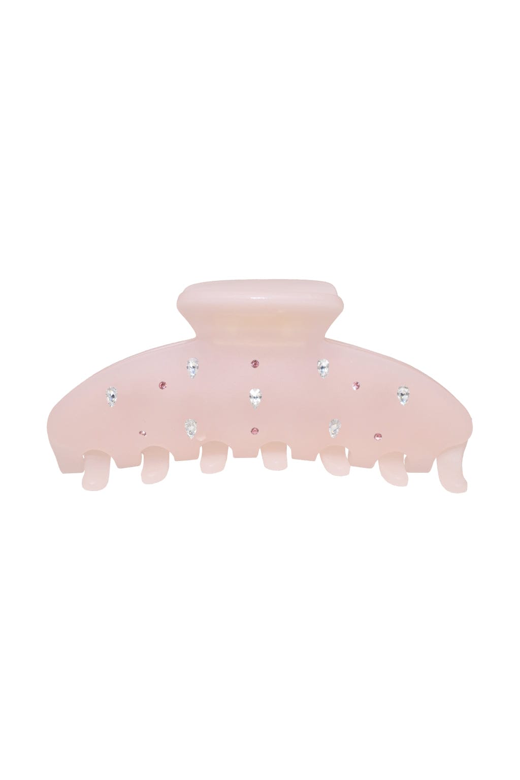 Pale pink hair clip with rhinestone embellishments and serrated teeth edge.