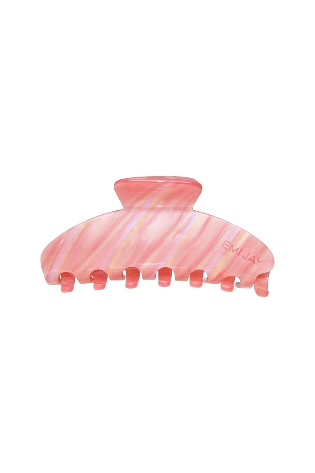 Pink and coral striped hair claw clip with ridged teeth and rounded top.