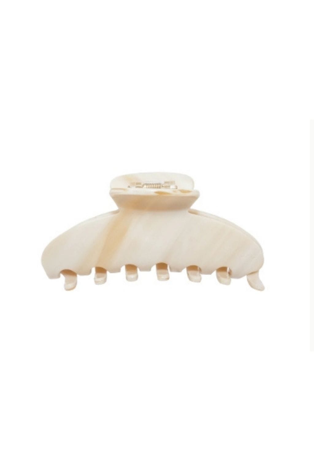 Large buttercream-colored claw clip with curved teeth and hinged clasp on top.