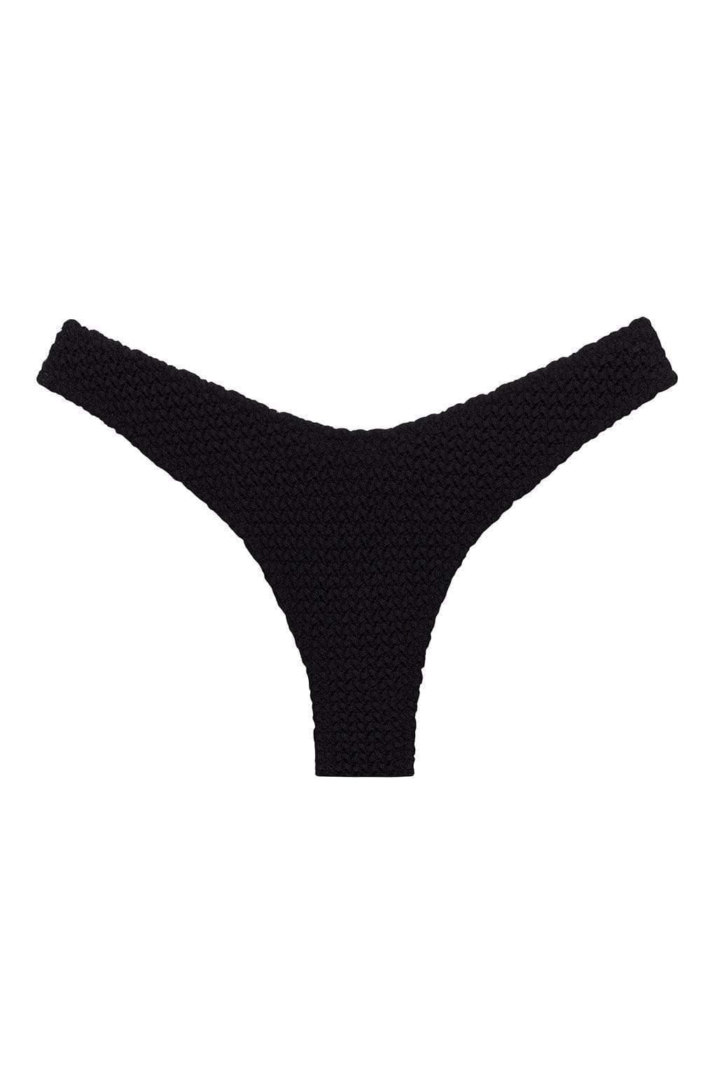 Black crochet bikini bottom with zig-zag stitch texture and wide side straps.