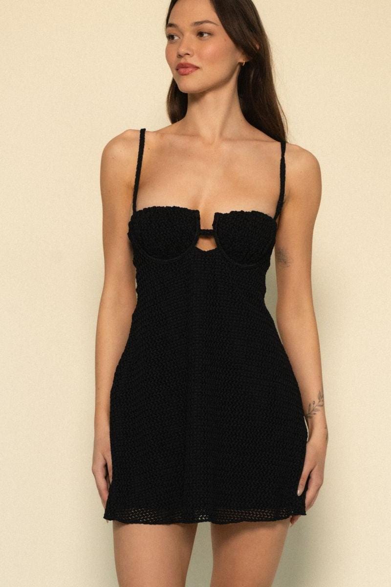 knee length dresses for ladies Black Crochet Petal Short Slip Dress
