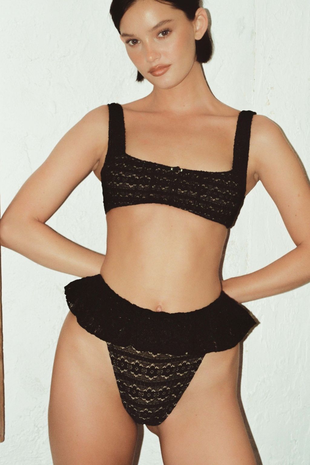 Black Daisy Lace Tamarindo Ruffle Bikini Bottom