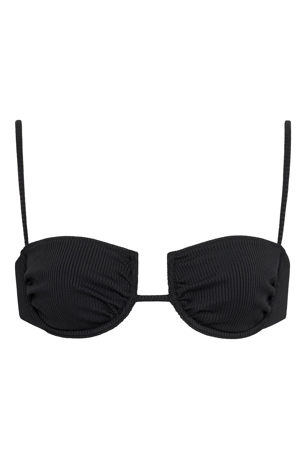 Black ribbed bikini top with underwire cups, thin shoulder straps, and center front clasp.