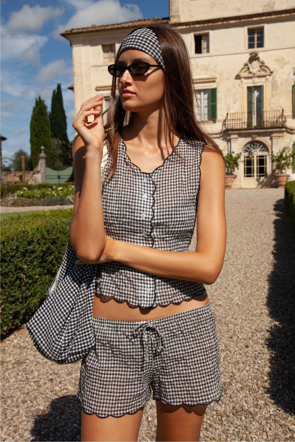 Black & White Gingham Scalloped Low-Rise Drawstring Short