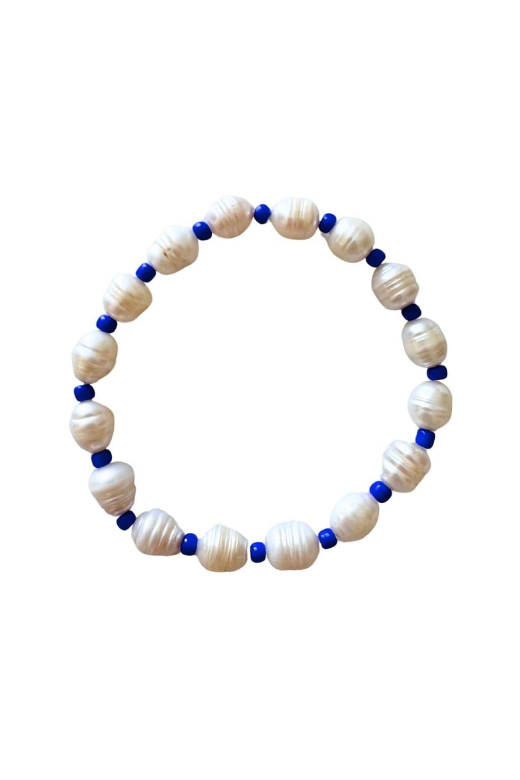 Beaded anklet with alternating cream pearl and blue round beads arranged in a continuous loop.