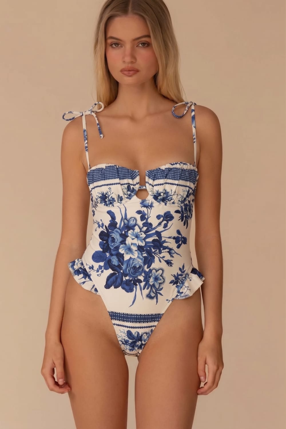 Blue Toile Stripe Petal Ruffle One-Piece