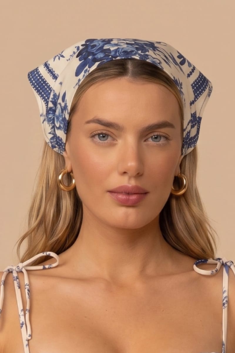 Blue Toile Stripe Tie-Up Scarf