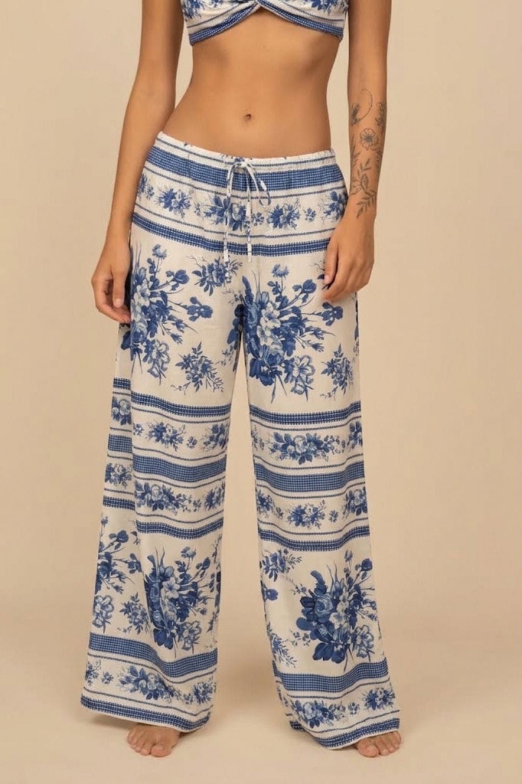 Blue Toile Stripe Drawstring Wide-Leg Pant