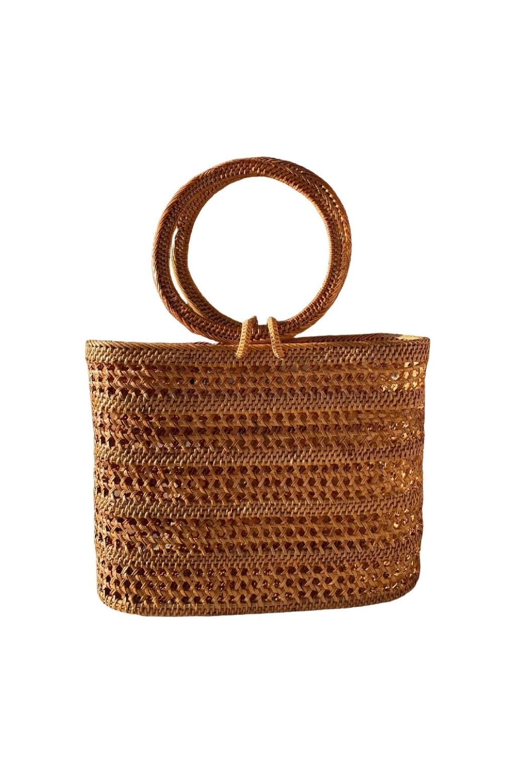 Woven rattan basket with looped handles in natural tan color, rectangular shape with open top.