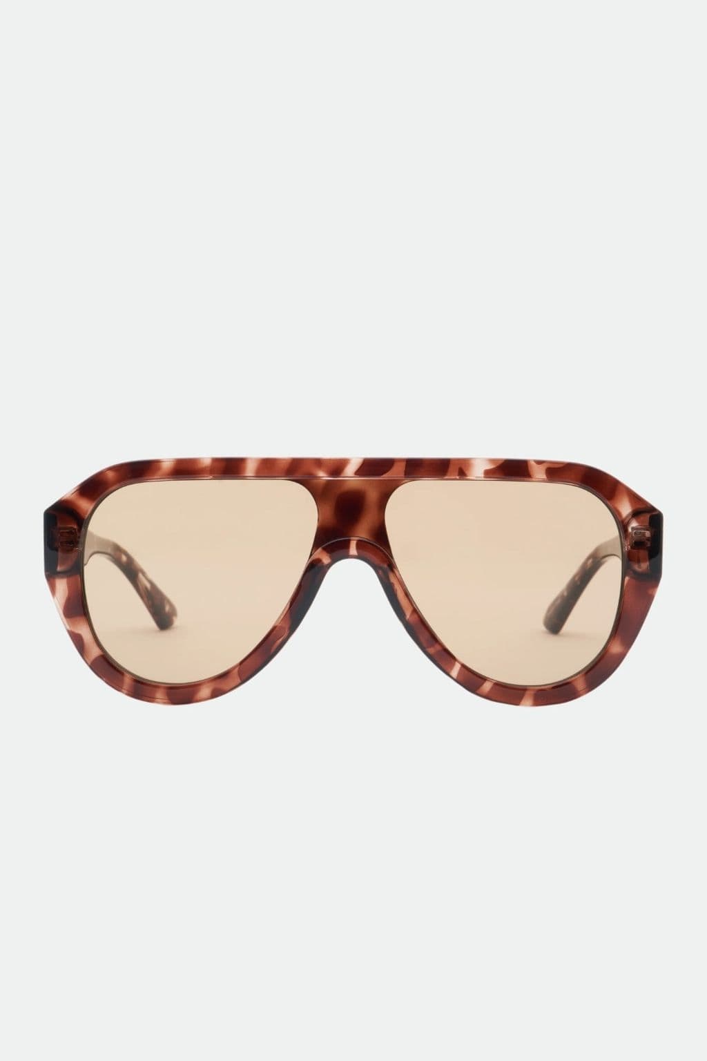 Tortoiseshell brown aviator sunglasses with light beige lenses and curved arms.