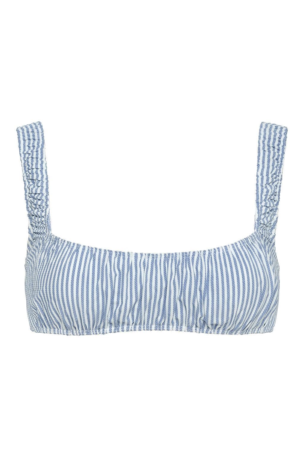 Blue and white striped bikini top with wide shoulder straps and textured lace panel details.