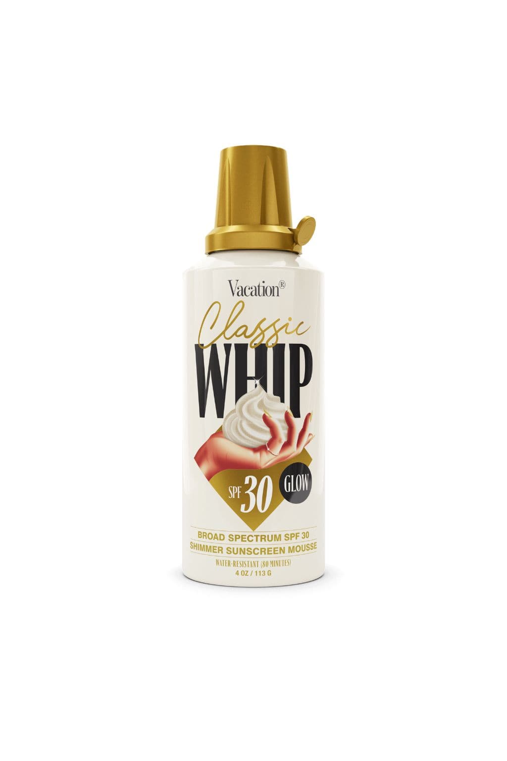 White aerosol canister with gold cap labeled "Vacation Classic Whip SPF 30 Glow" featuring whipped cream and hand imagery.