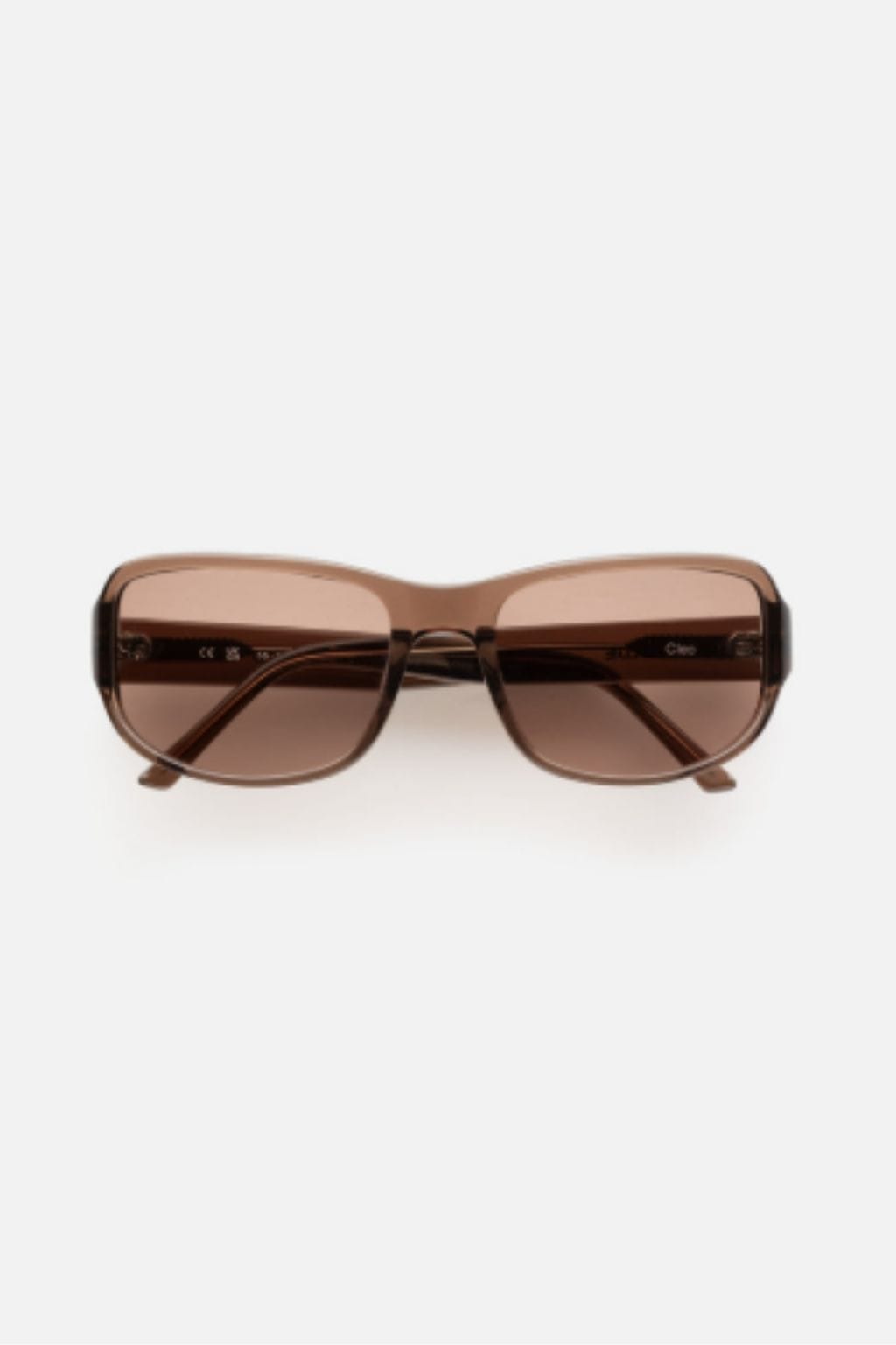 Brown rectangular sunglasses with tinted lenses and brown acetate frame.