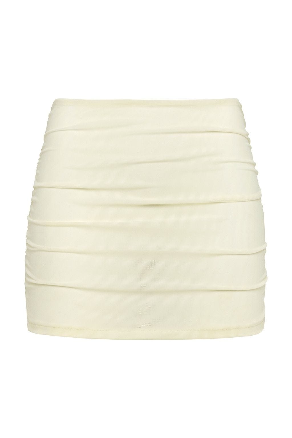 Cream mesh micro skirt with horizontal ruching throughout the body.