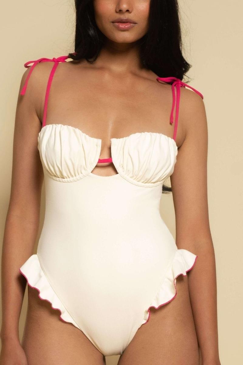 Cream Raspberry Binded Petal Ruffle One-Piece