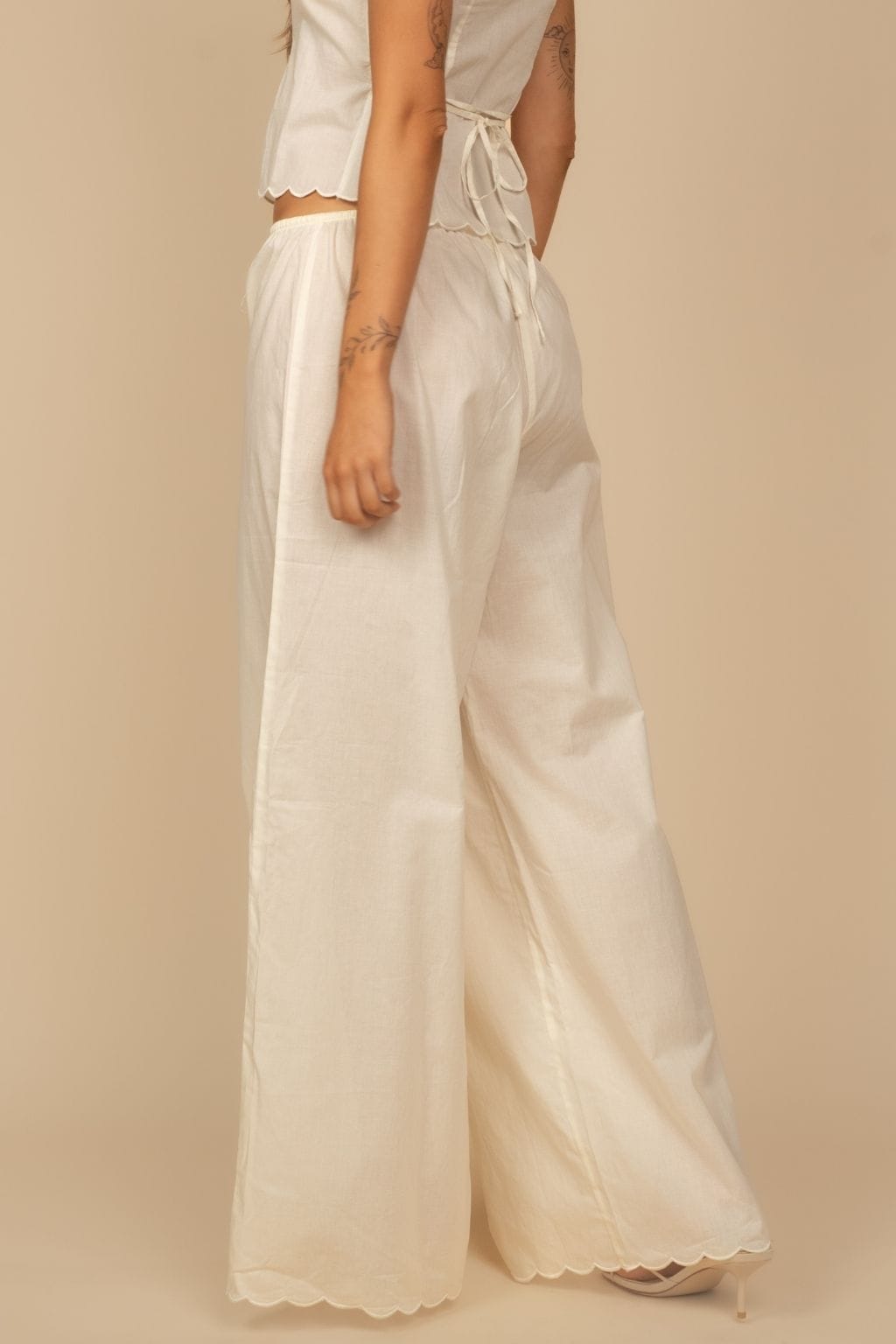 Cream Scalloped Drawstring Wide-Leg Pant