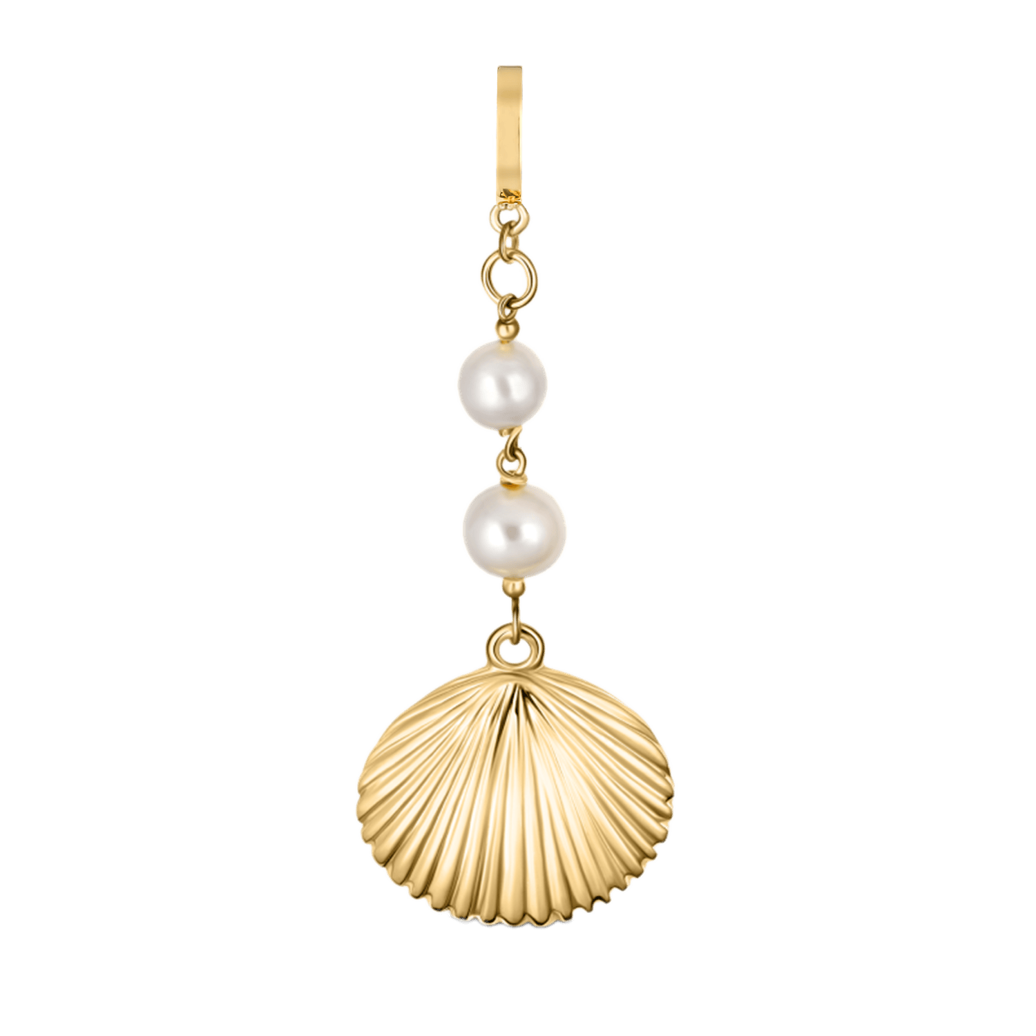 Yellow gold charm featuring two white pearl beads suspended above a ribbed shell pendant with rectangular attachment loop.
