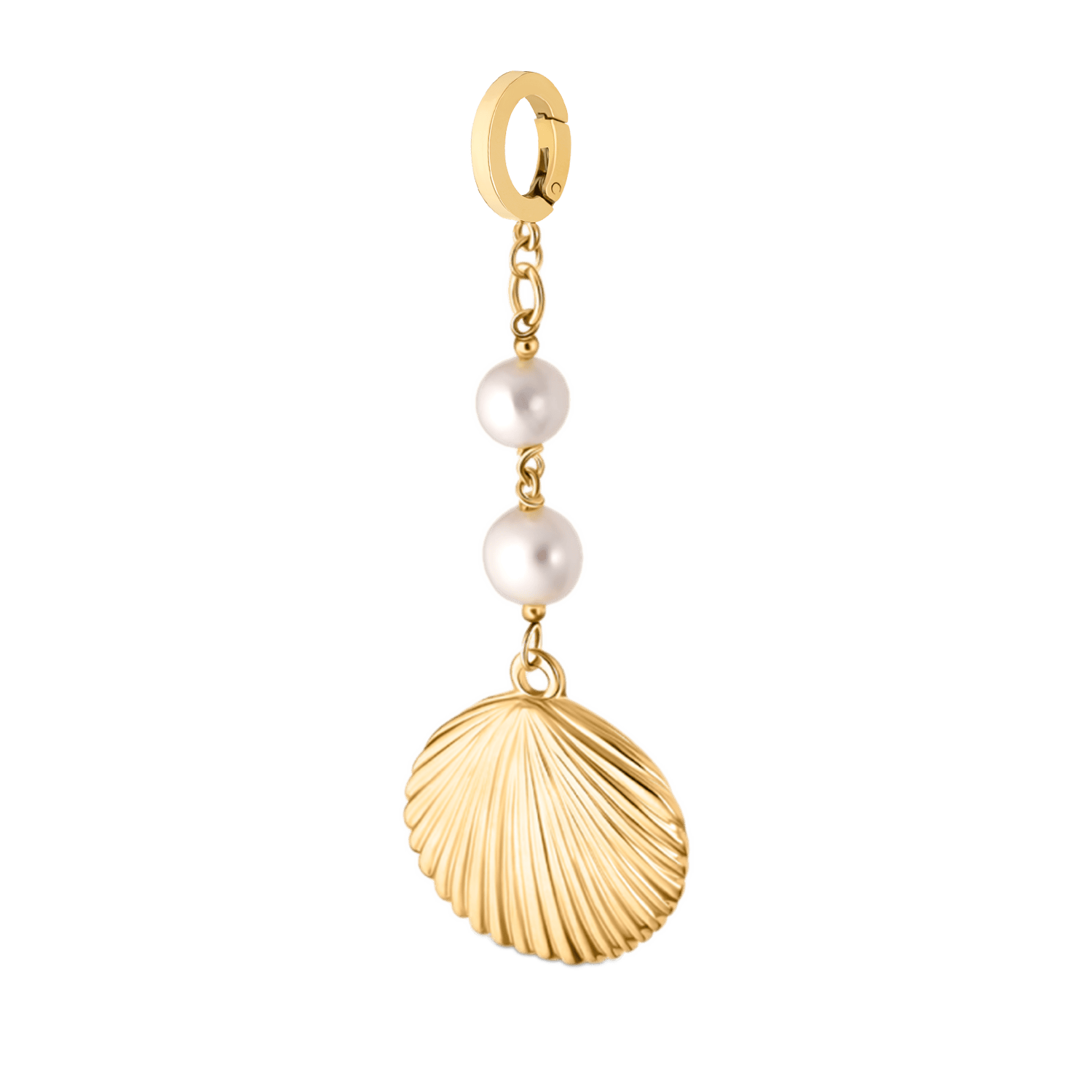 Yellow gold charm with two white pearl beads and shell pendant hanging from hinged bail.