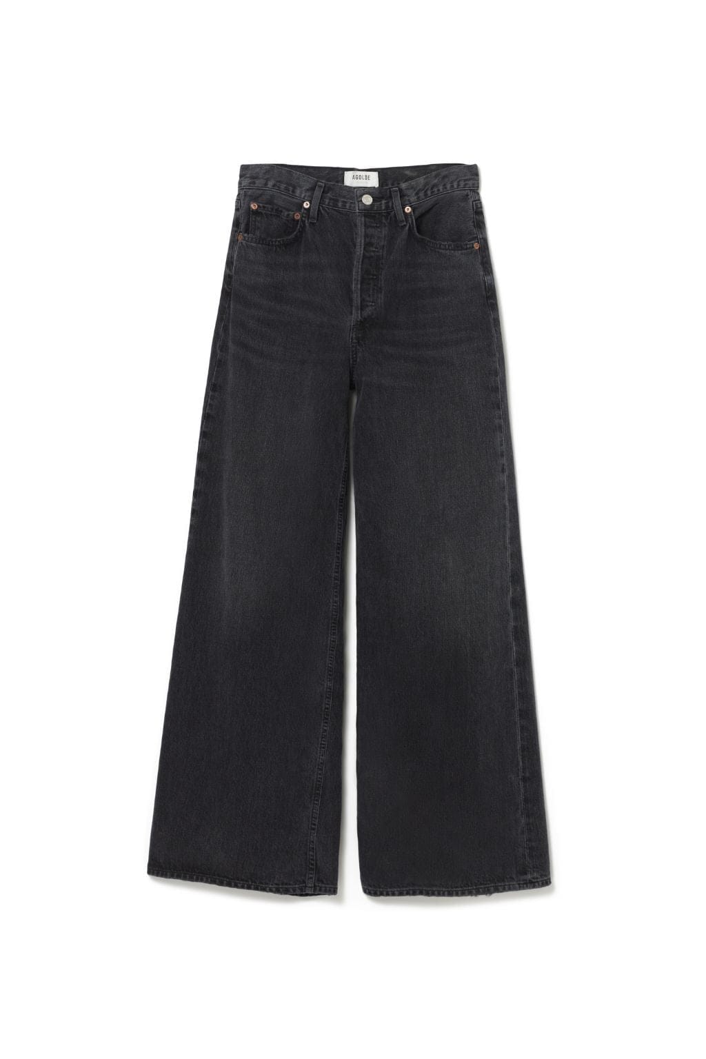 Black wide-leg denim jeans with five-pocket styling and copper-tone hardware.