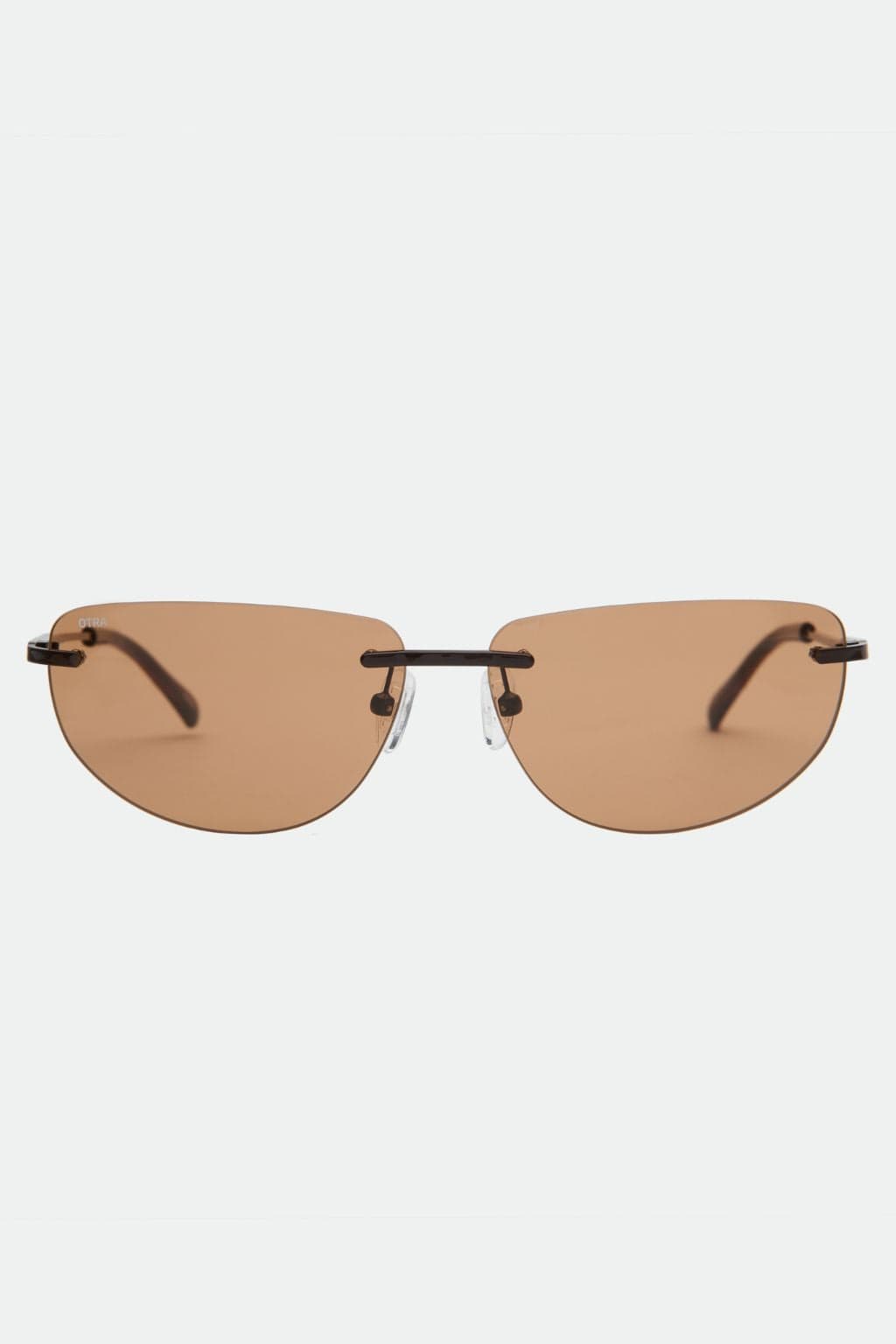 Brown-tinted rimless sunglasses with black metal frame and arms against a light background.