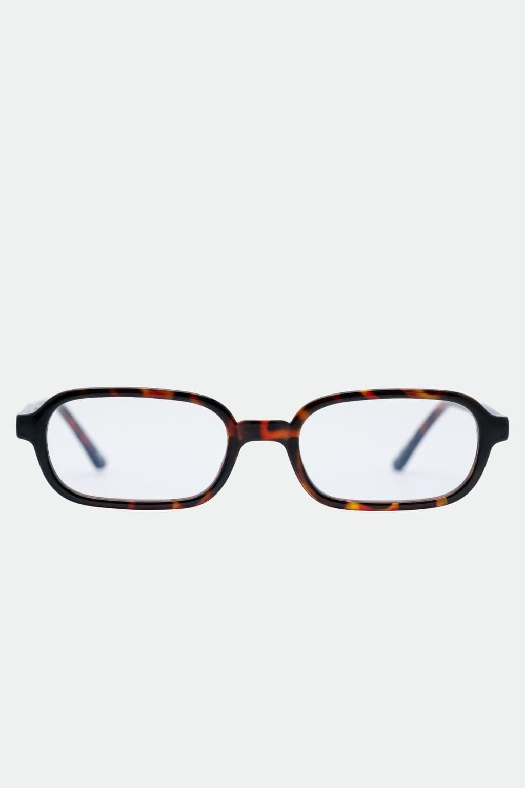 Tortoiseshell rectangular eyeglasses with blue light filtering lenses and black temples.