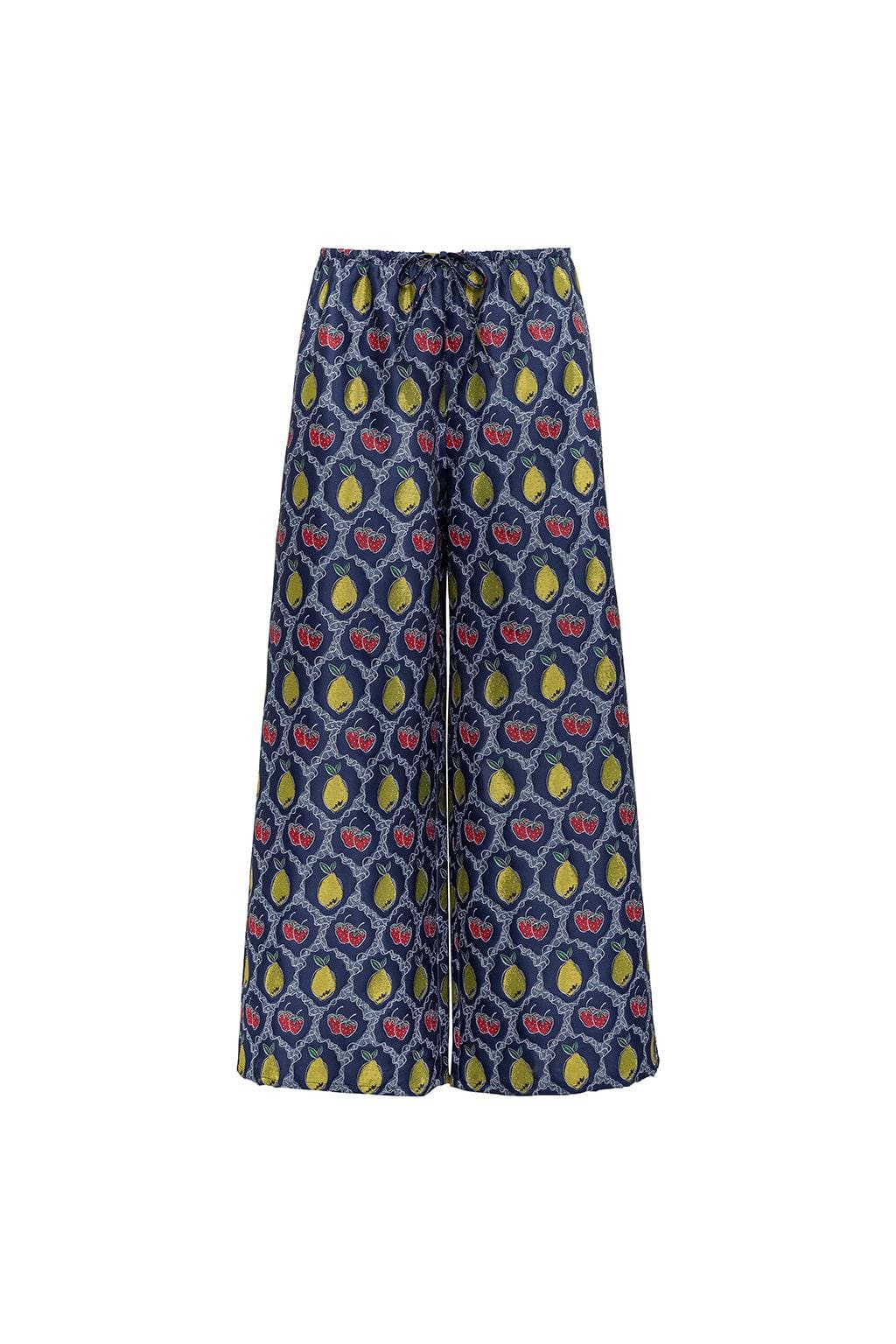Navy wide-leg pants with yellow lemons and red cherries jacquard pattern and drawstring waist.