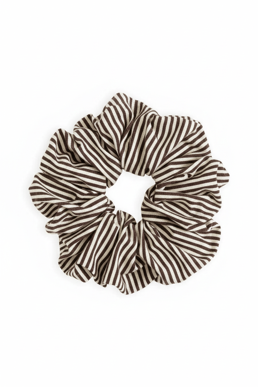 Brown and cream striped chunky scrunchie with gathered fabric detail.