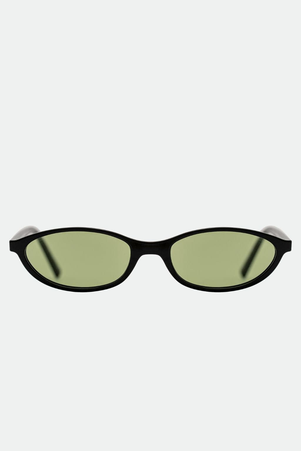 Black oval sunglasses with light green tinted lenses and clear temple tips.
