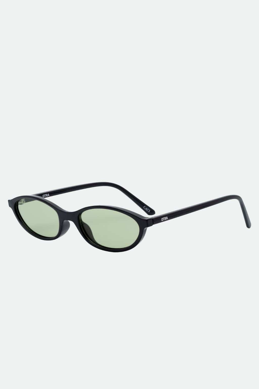 Black oval sunglasses with light green tinted lenses and curved arms.