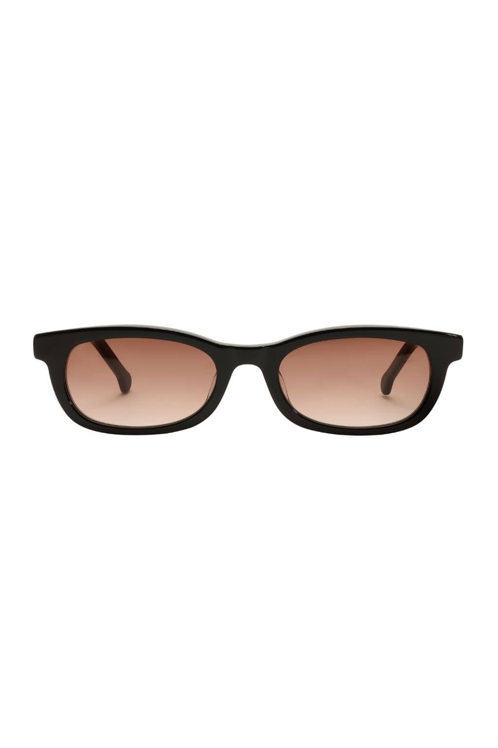 Black rectangular sunglasses with brown gradient lenses and brown temples.