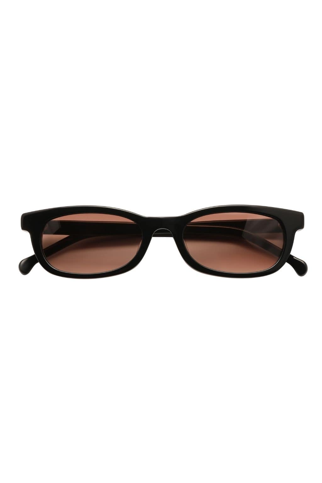 Black rectangular sunglasses with brown-tinted lenses and curved temple arms.
