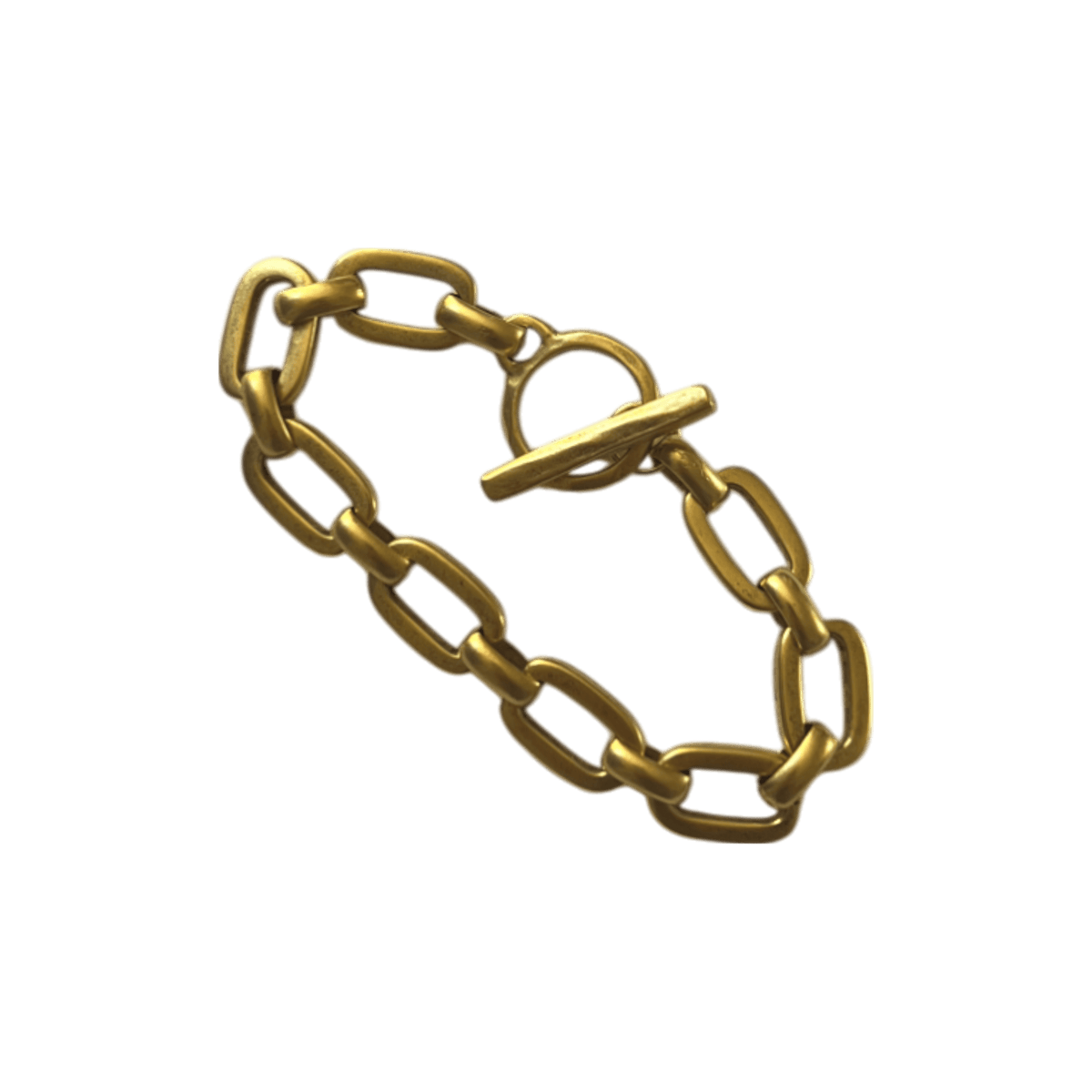 Gold-toned chain bracelet with rectangular links and toggle clasp closure.