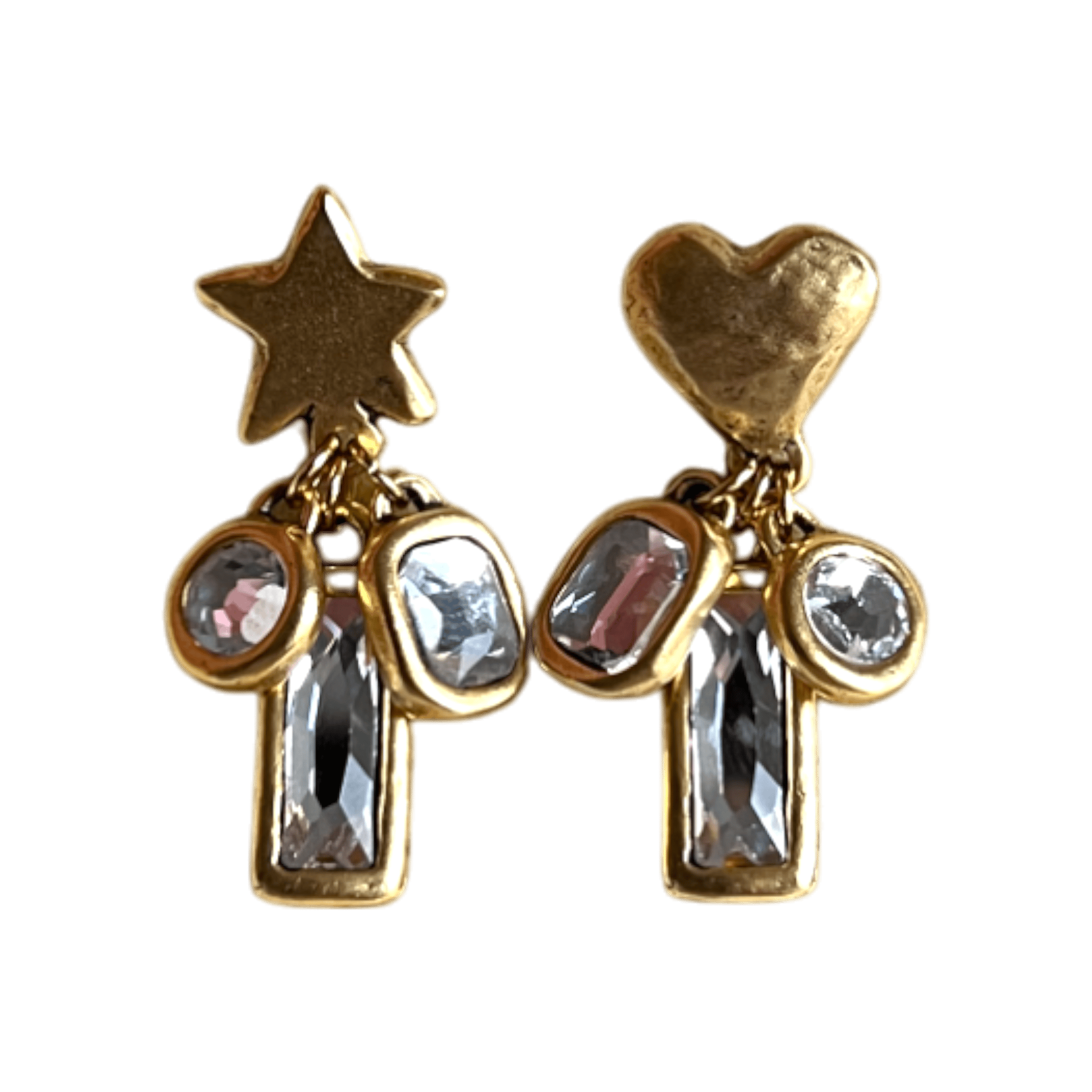 Pair of gold-tone earrings with star and heart tops, rectangular faceted crystal drops, and small round crystal charms.