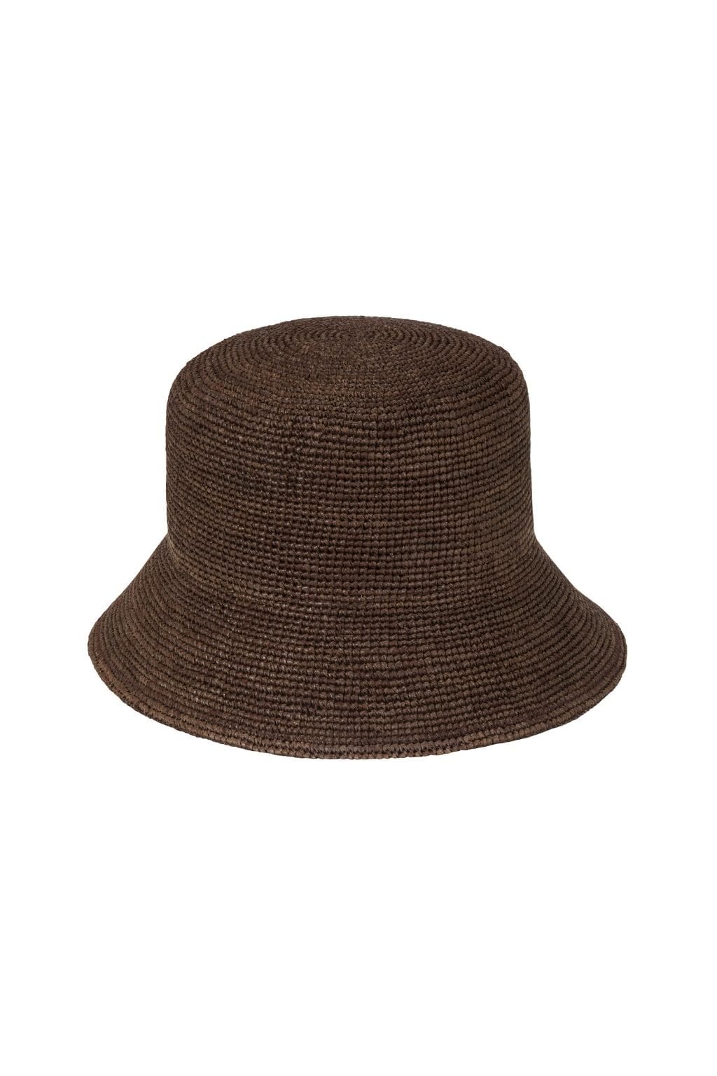 Brown knitted bucket hat with textured weave pattern and curved brim.
