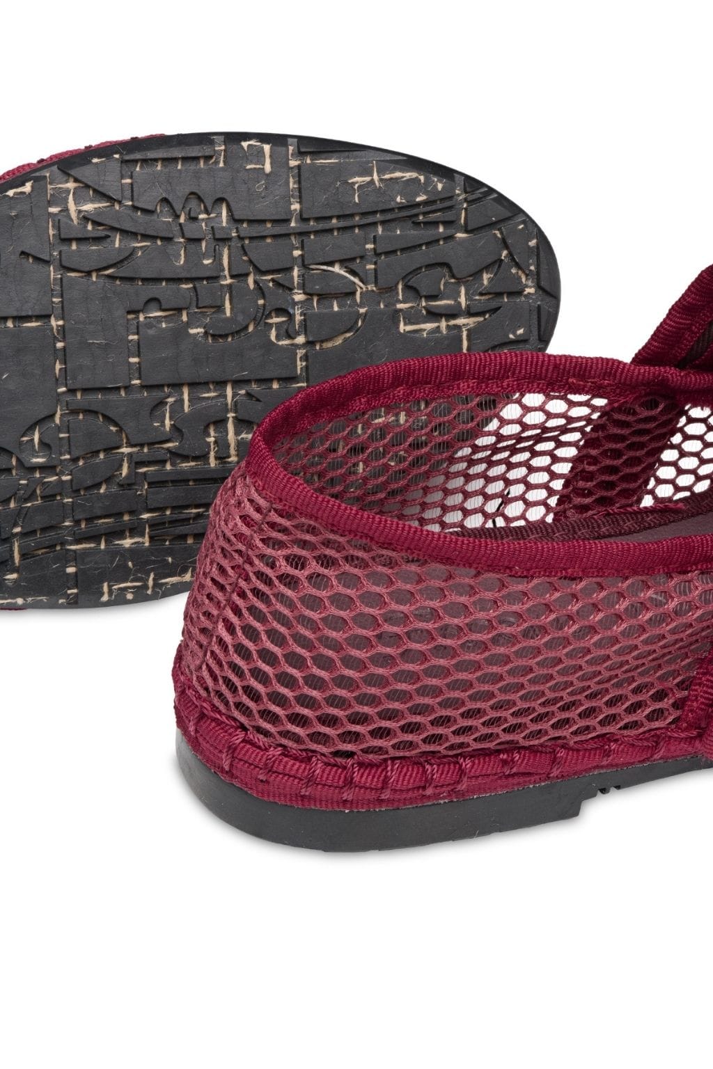 Garnet mesh shoe with black sole and patterned insole detail.