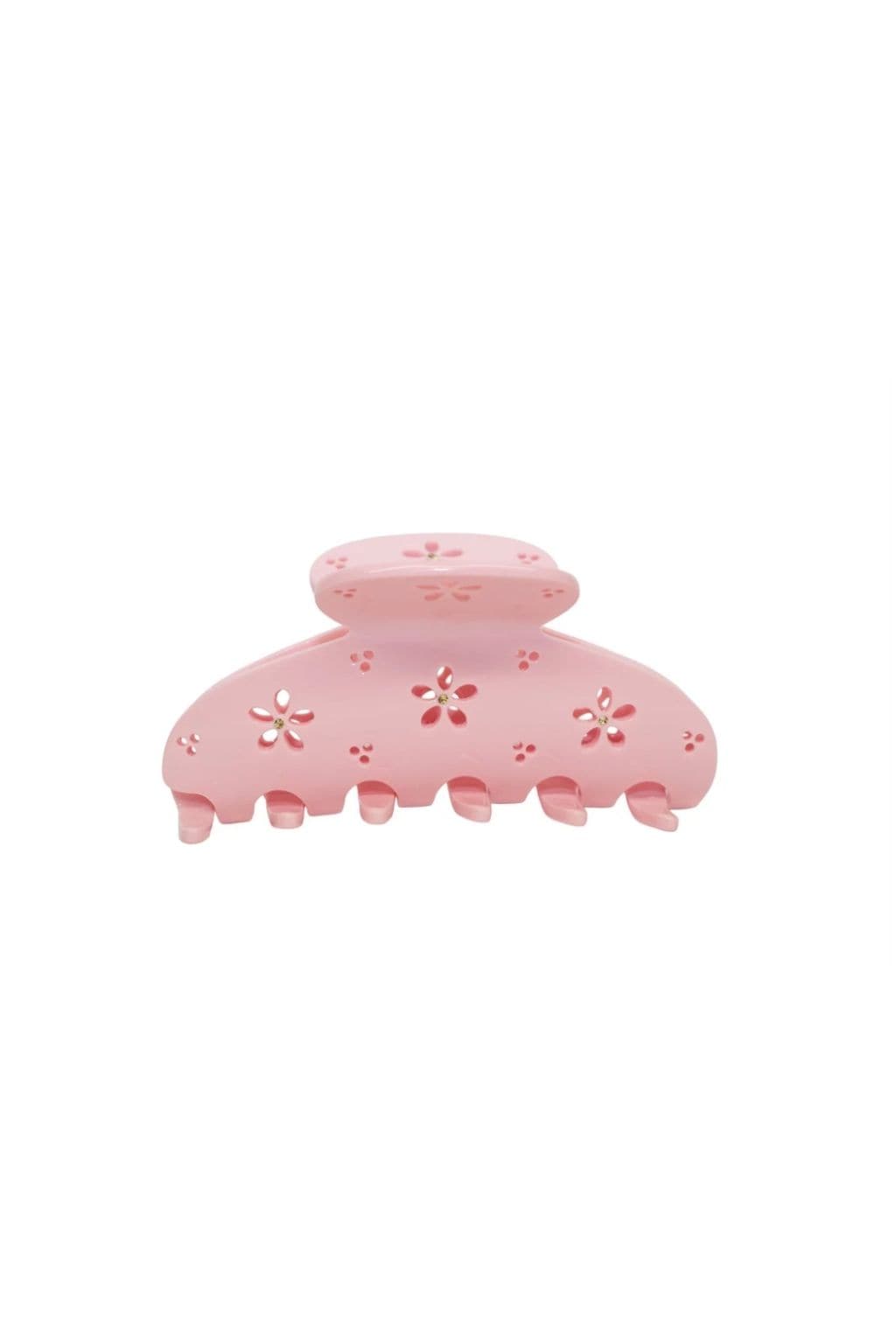 Rose pink hair clip with scalloped base and embossed floral eyelet pattern throughout.