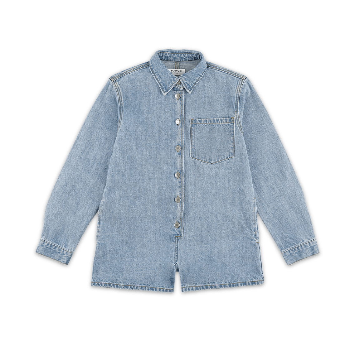 Light wash denim romper with long sleeves, collared neckline, front button closure, and chest pocket.