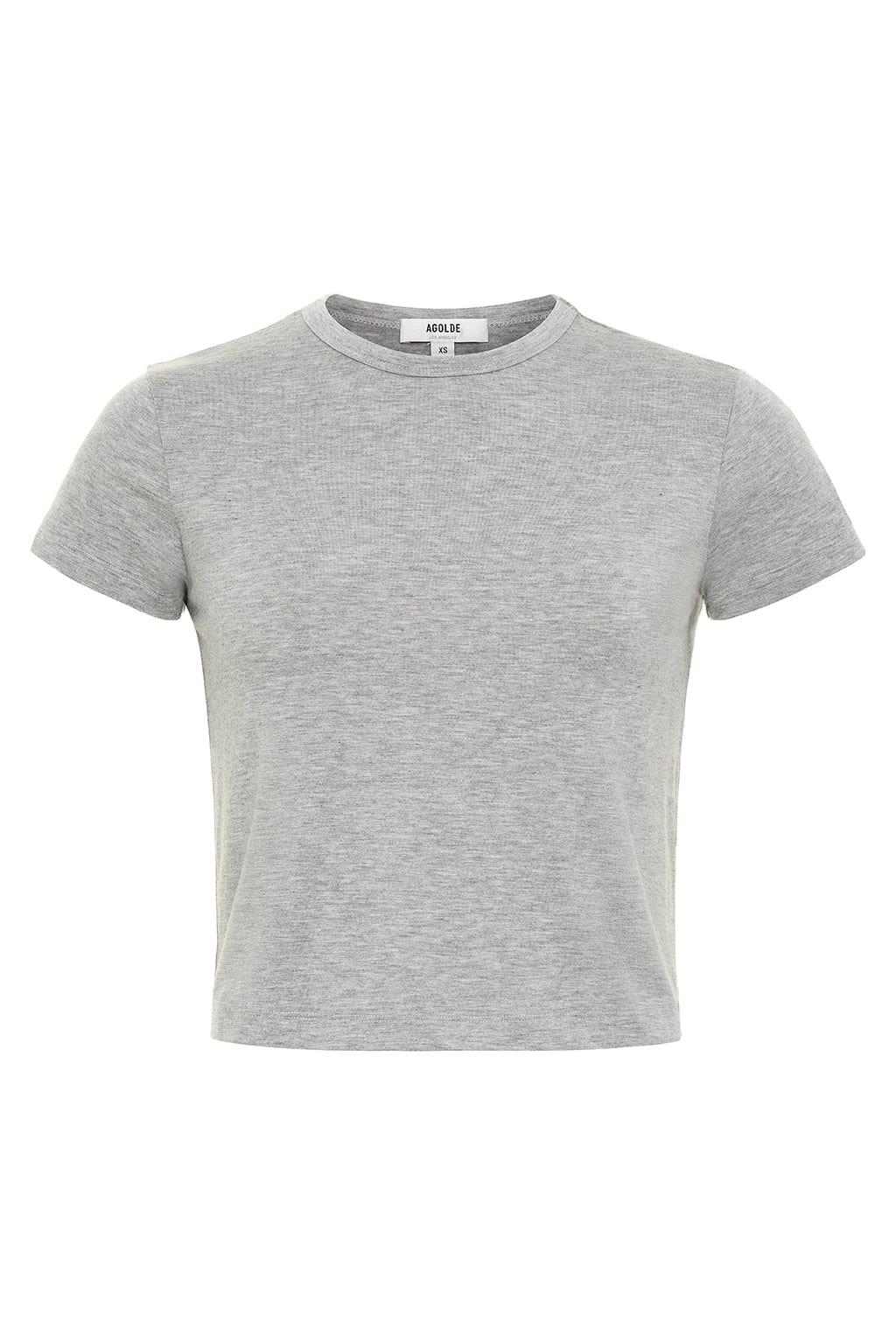 Grey heather short-sleeve t-shirt with crew neckline and fitted silhouette.