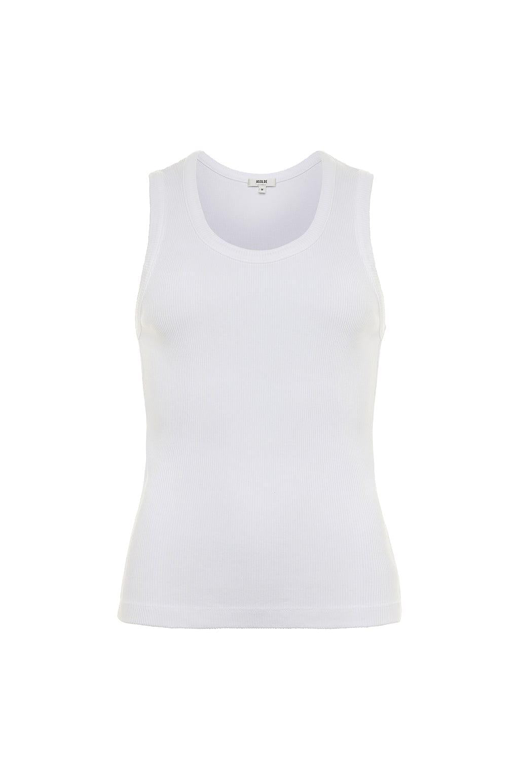 White ribbed sleeveless tank top with round neckline.
